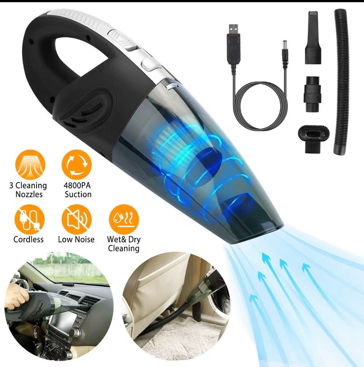 Portable Cordless Car Vacuum Cleaner (4800PA) – Rechargeable Wet & Dry Handheld Vacuum