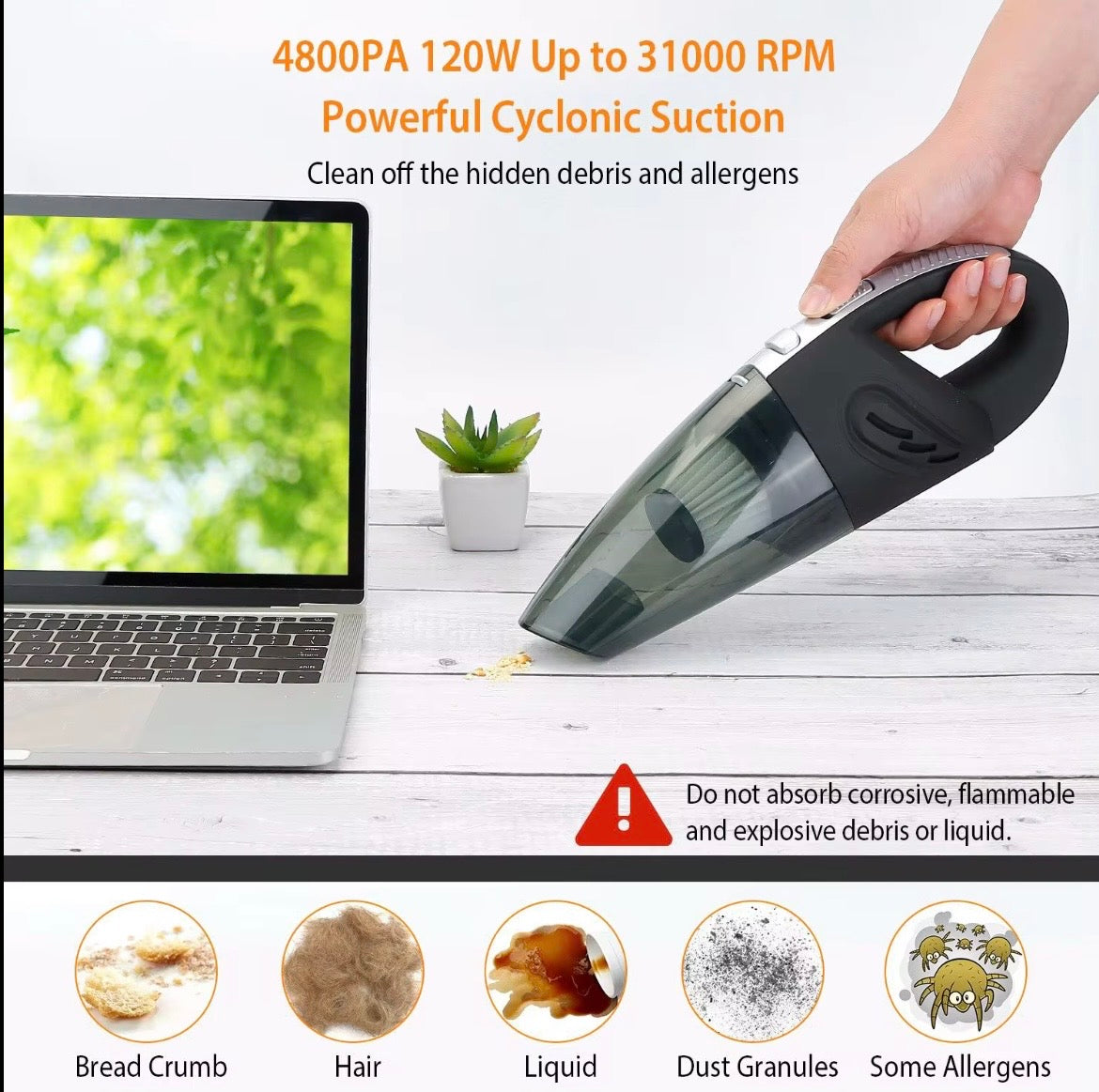 Portable Cordless Car Vacuum Cleaner (4800PA) – Rechargeable Wet & Dry Handheld Vacuum